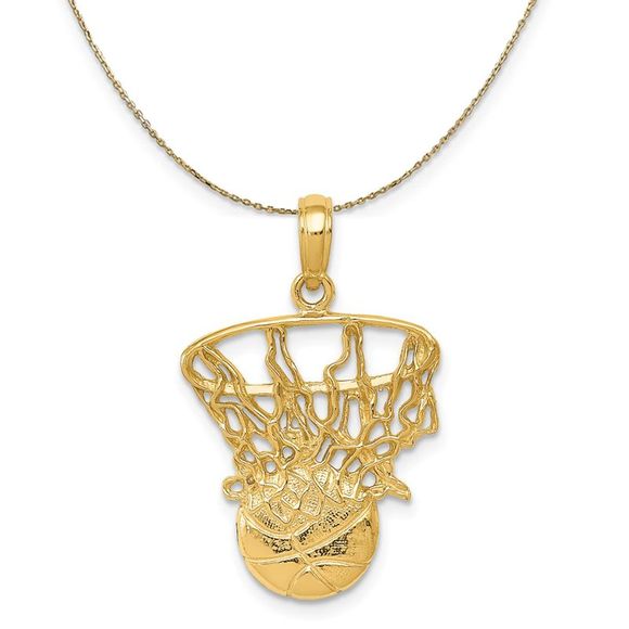 14k Yellow Gold Swoosh Basketball Through Net Necklace - 20 Inch